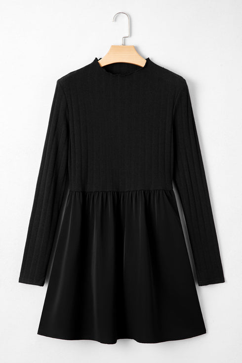 Frilled Mock Neck Ribbed Knit Mixed Media Mini Dress